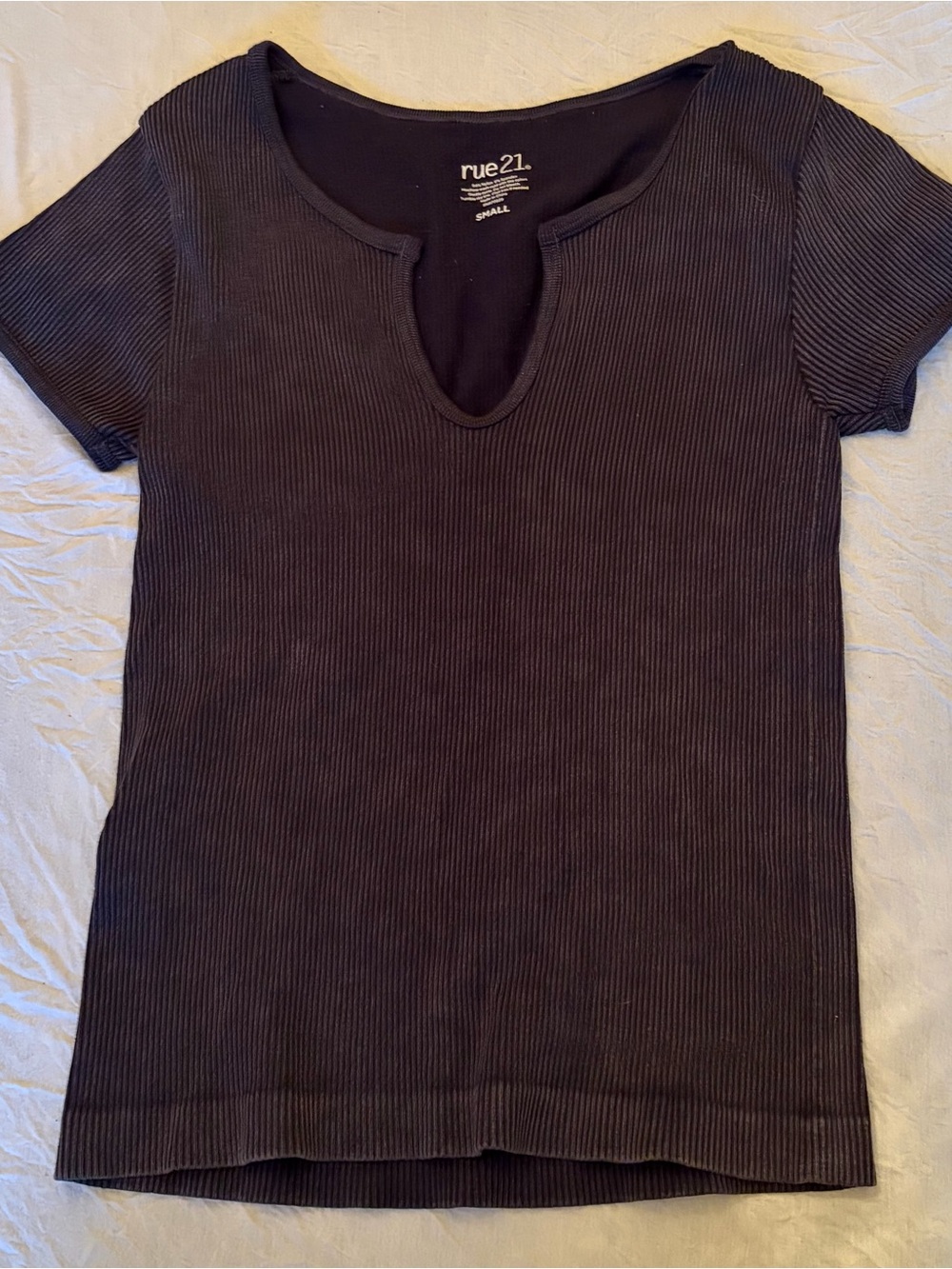 Rue21 Black Ribbed Short Sleeve Top with Notch Neck